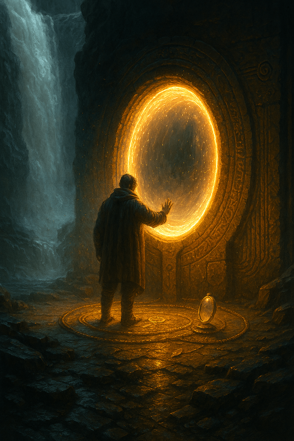 Alien chamber beneath Palouse Falls known as “The Throat,” featuring spiral glyphs and copper-veined walls resonating with harmonic energy.